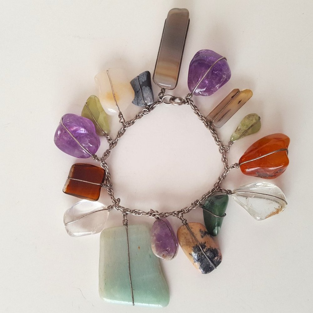 Colorful Vintage Polished Multi-Stone Sterling Silver Bracelet